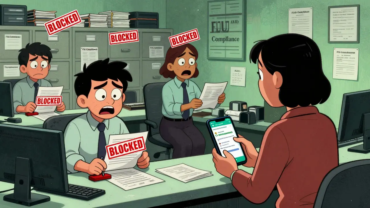 Bank blocks crypto transactions with red stamps in chaotic office scene.