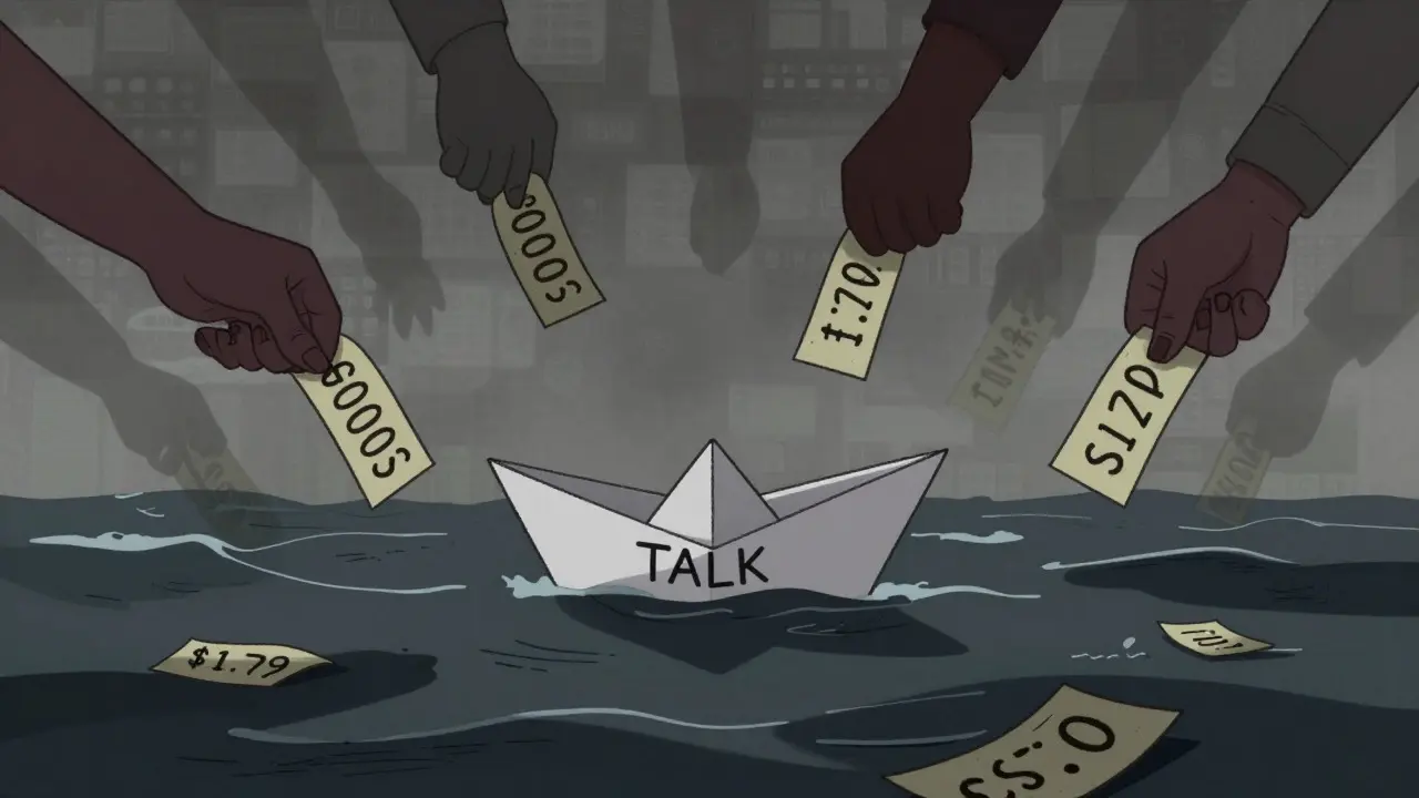 Cartoon boat on stormy seas with conflicting price tags hanging overhead.