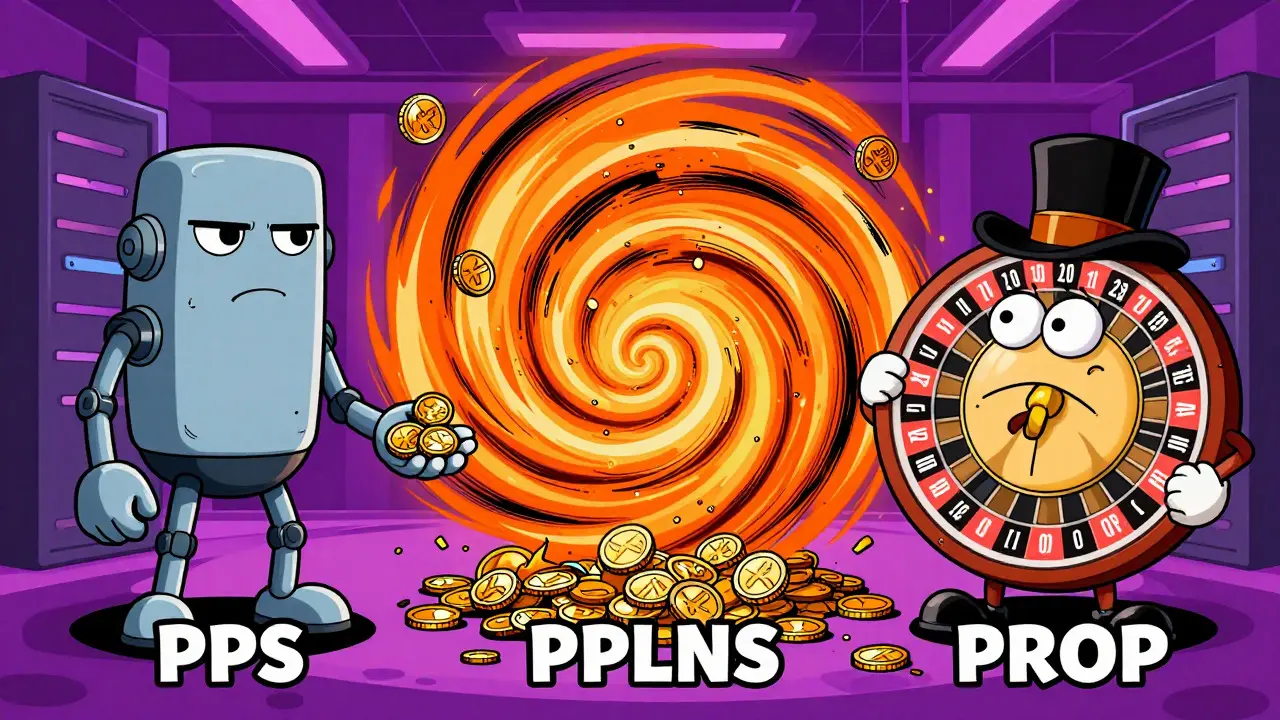 Cartoon comparison of PPS, PPLNS, and PROP mining payout models.