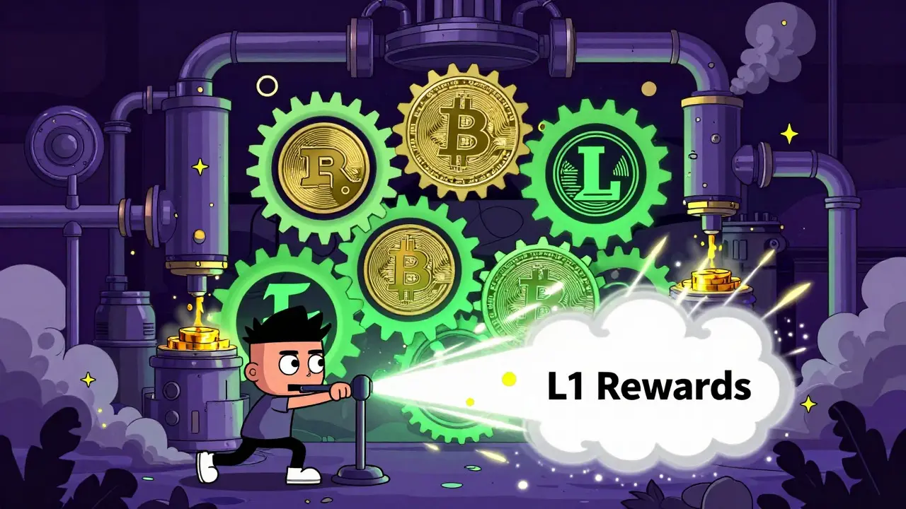 Cartoon machine with crypto gears and yield pumps in adult swim animation style.