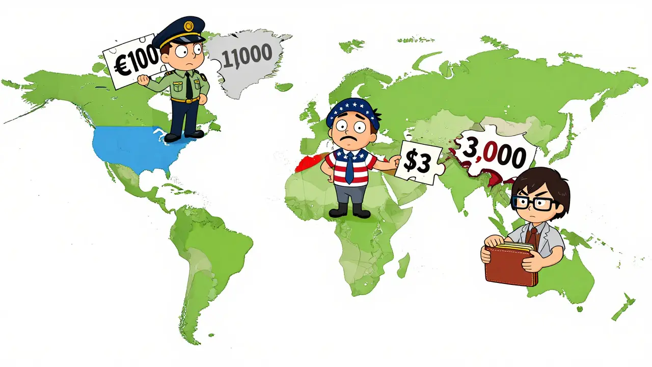 Cartoon map showing quirky characters enforcing different crypto rules globally
