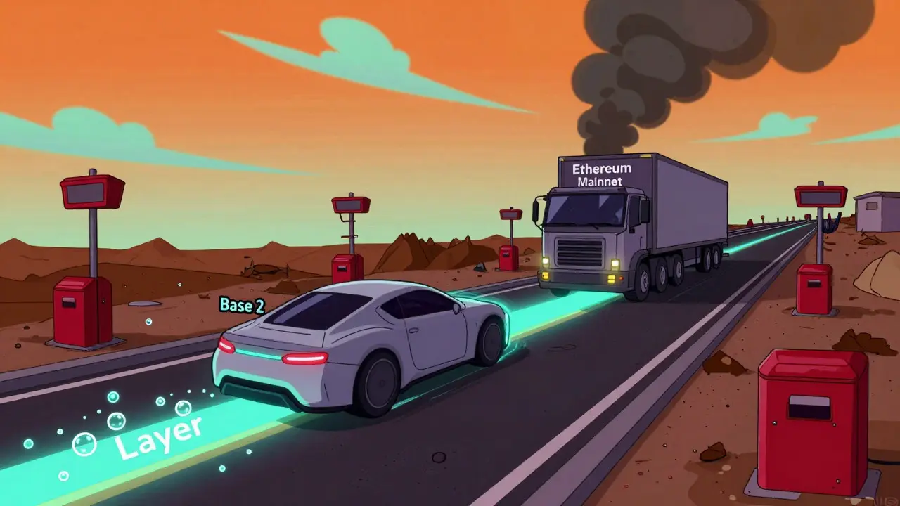 Cartoon race between fast Base network car and slow Ethereum truck