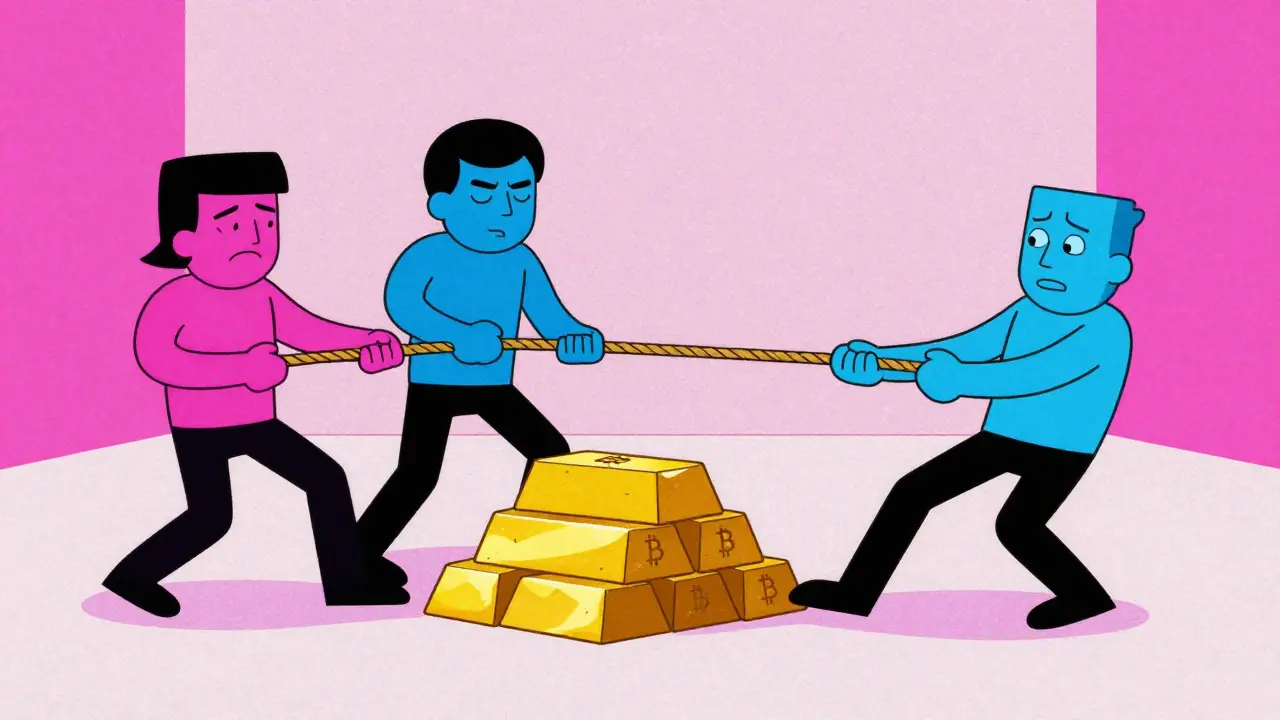 Cartoon tug-of-war between readers, writers, and investors over crypto rewards