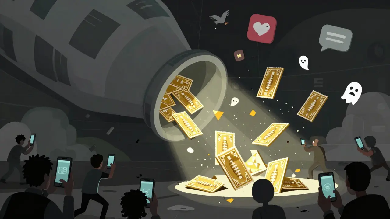 Chaotic cartoon funnel sucking users to spit out golden pixelated football cards