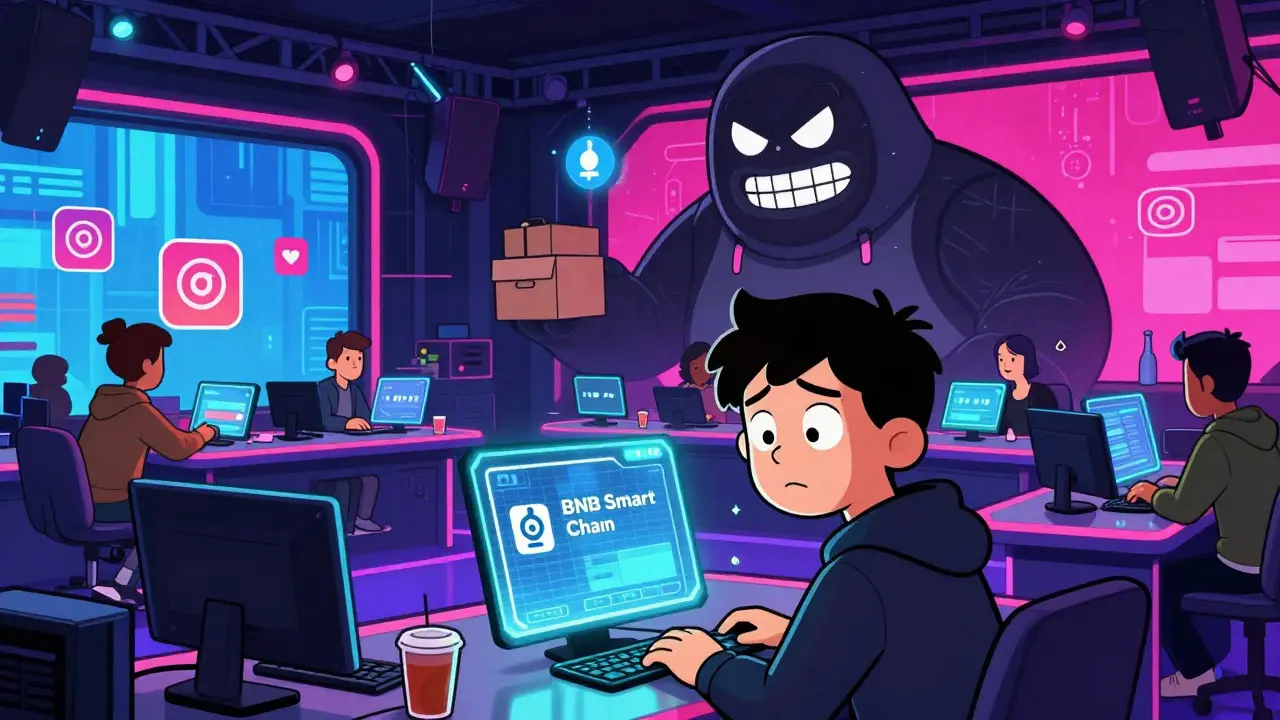 Chaotic cartoon scene of users connecting wallets on a dystopian game show set