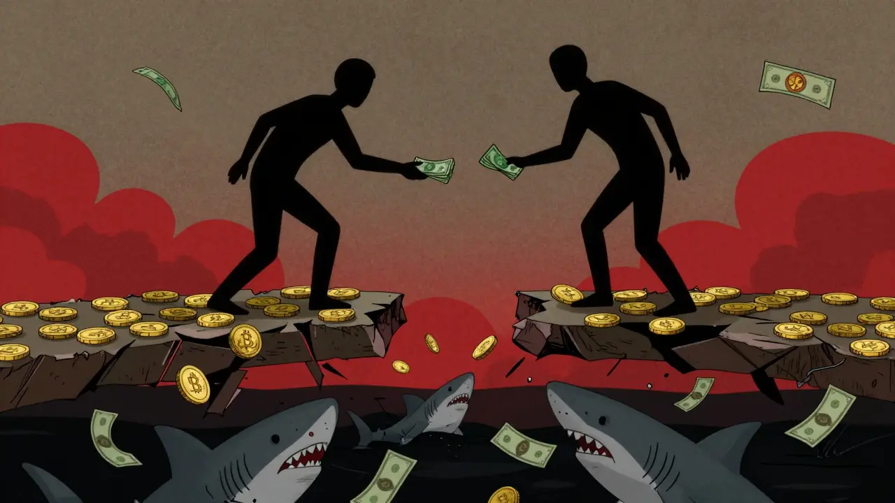 Chaotic P2P trading scene with fragile bridge and abyss below symbolizing financial risk