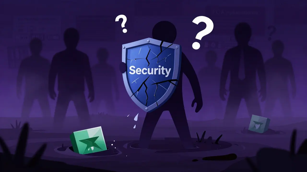 Cracked security shield and sinking rating symbol in foggy landscape representing regulatory risks