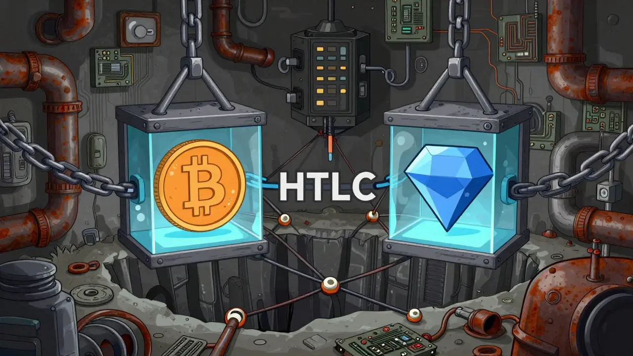 Cryptocurrency assets locked in HTLC contracts for secure peer-to-peer swap