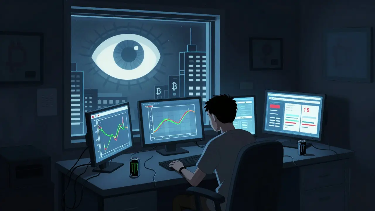 Exhausted person staring at crypto charts in a dark room under a giant watching eye