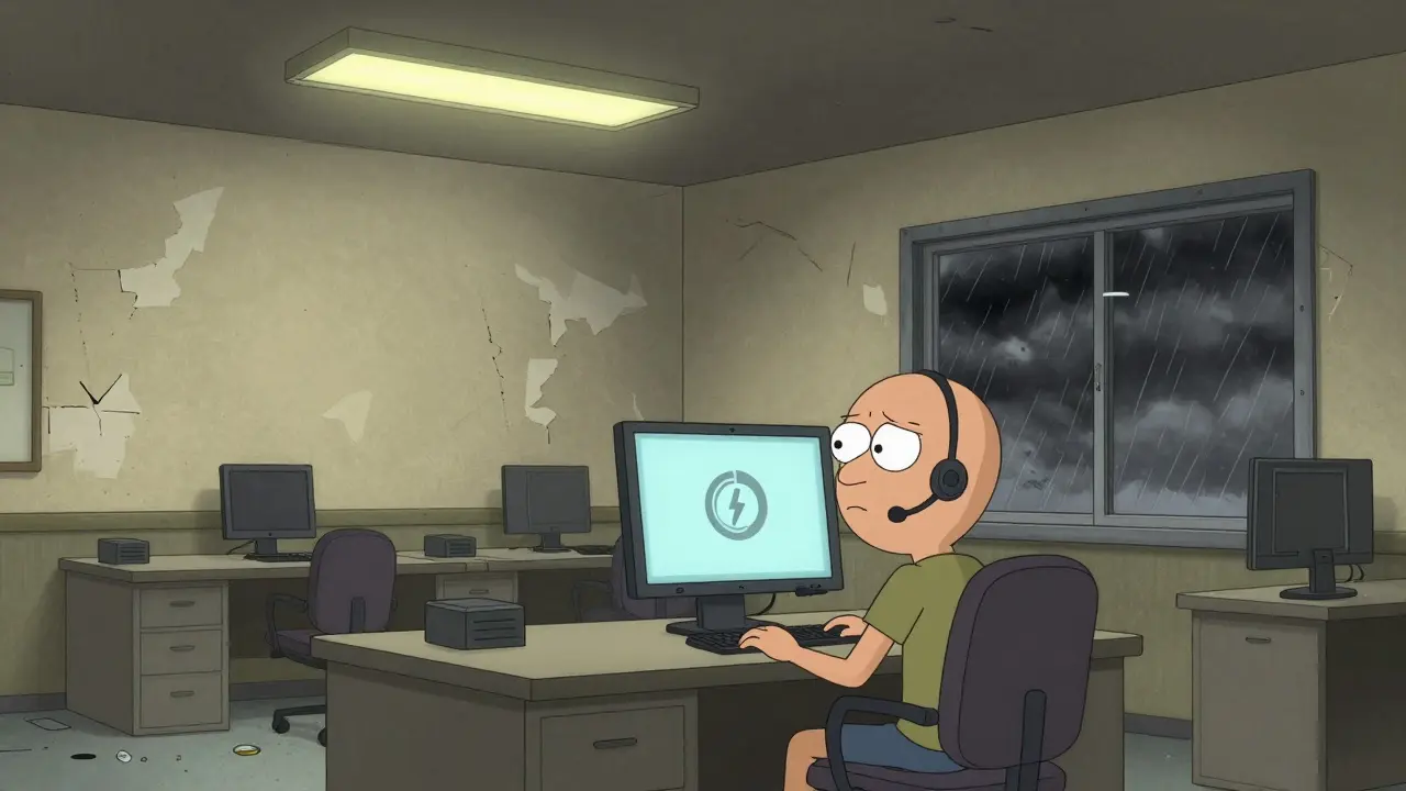 Frustrated person stuck at a broken computer desk
