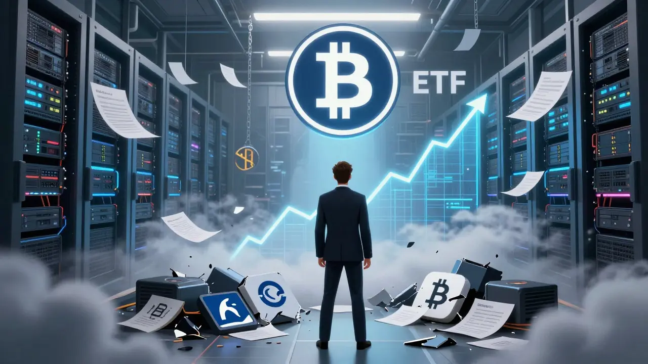 Futuristic server room with Bitcoin ETF rising above discarded exchange logos.