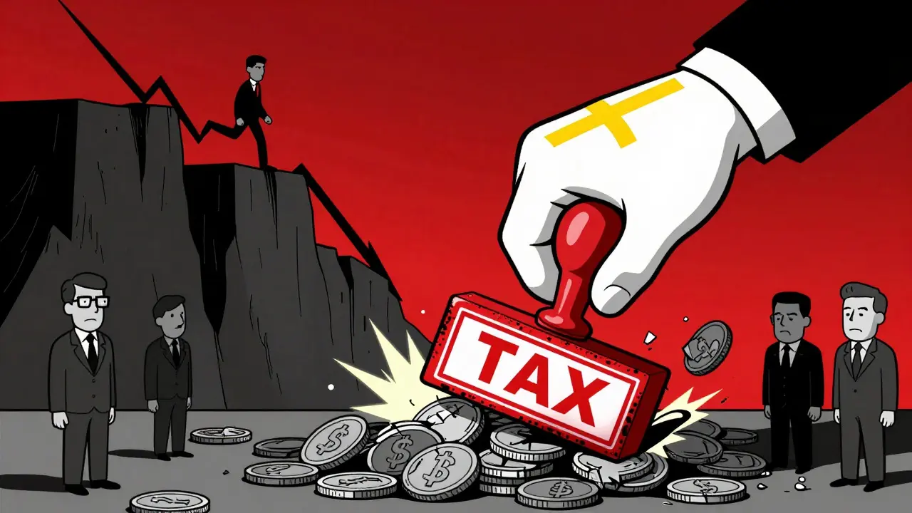 Giant bureaucratic hand slamming a tax stamp on cracking crypto coins