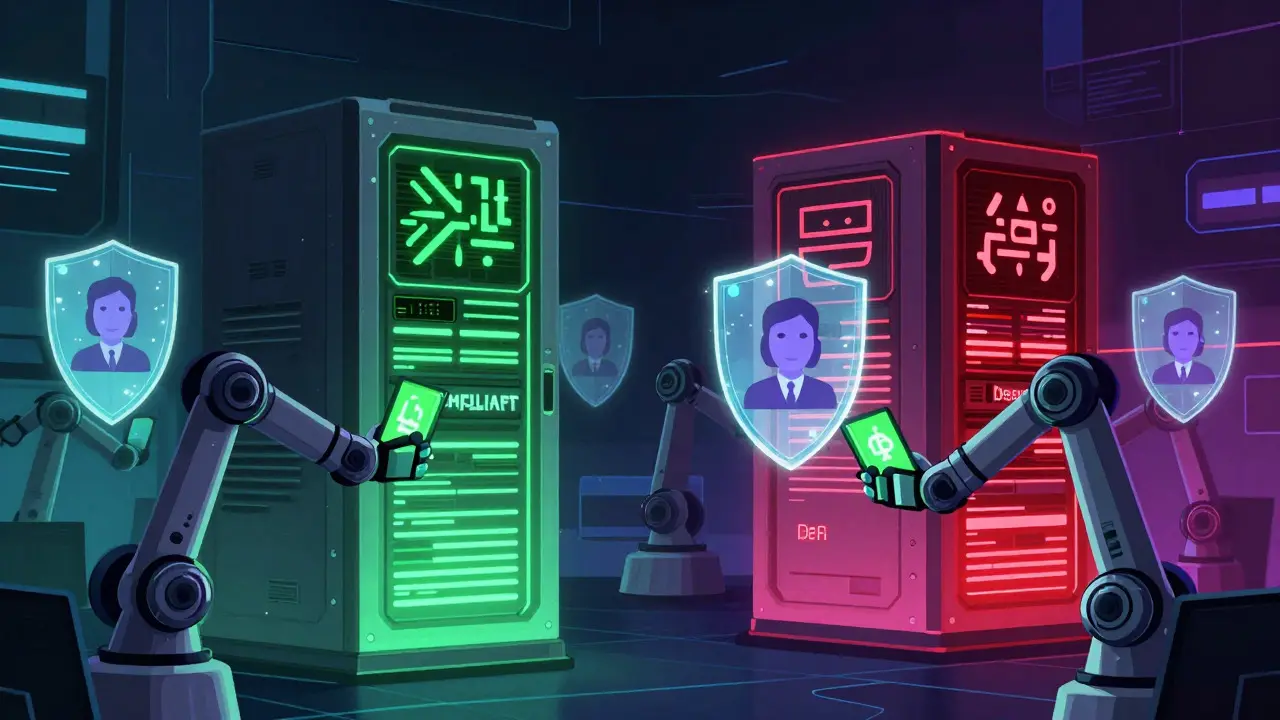 Glitchy server room illustration showing encrypted data transfer and privacy shields