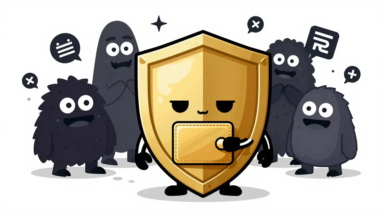 Gold shield protecting a wallet from scam monsters in a surreal cartoon