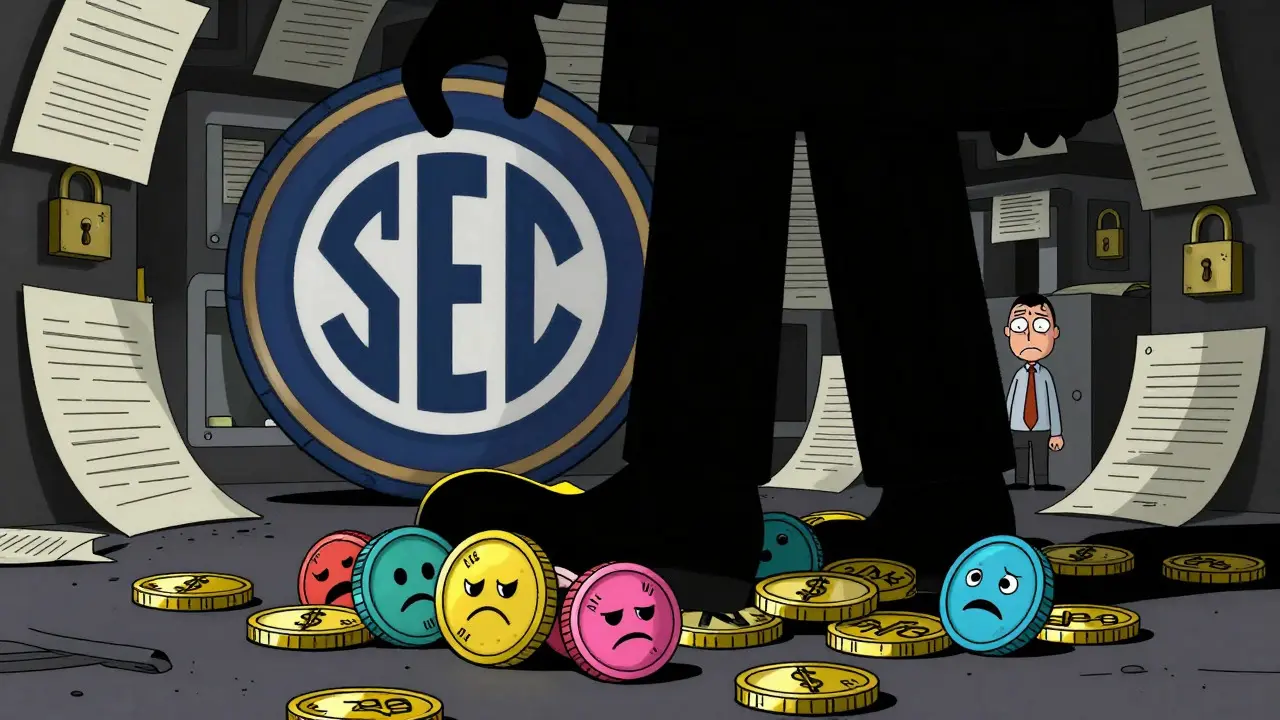 Government SEC stamp crushing sad crypto coins in a maze of regulations.