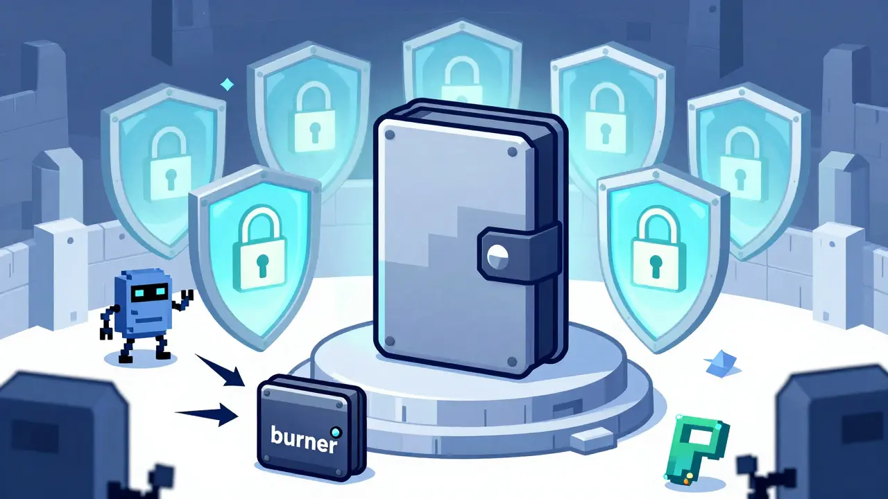 Graphic art showing a secure hardware wallet protected by shields against attacking scam bots.