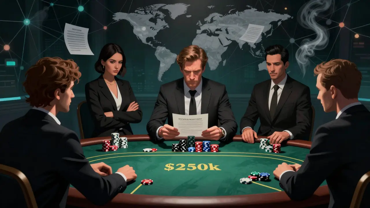 High-stakes poker game between an investor and personified tax regulators.