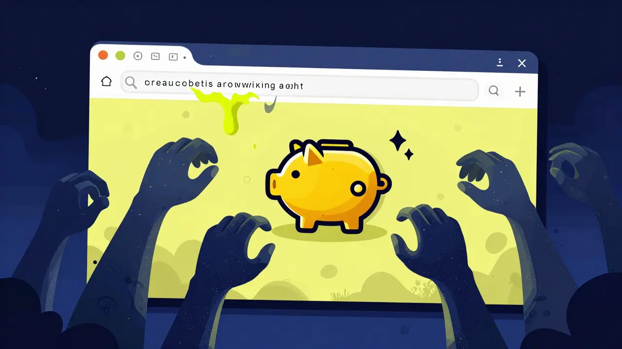 Illustration of a deceptive website interface with monster hands stealing a connected crypto wallet.