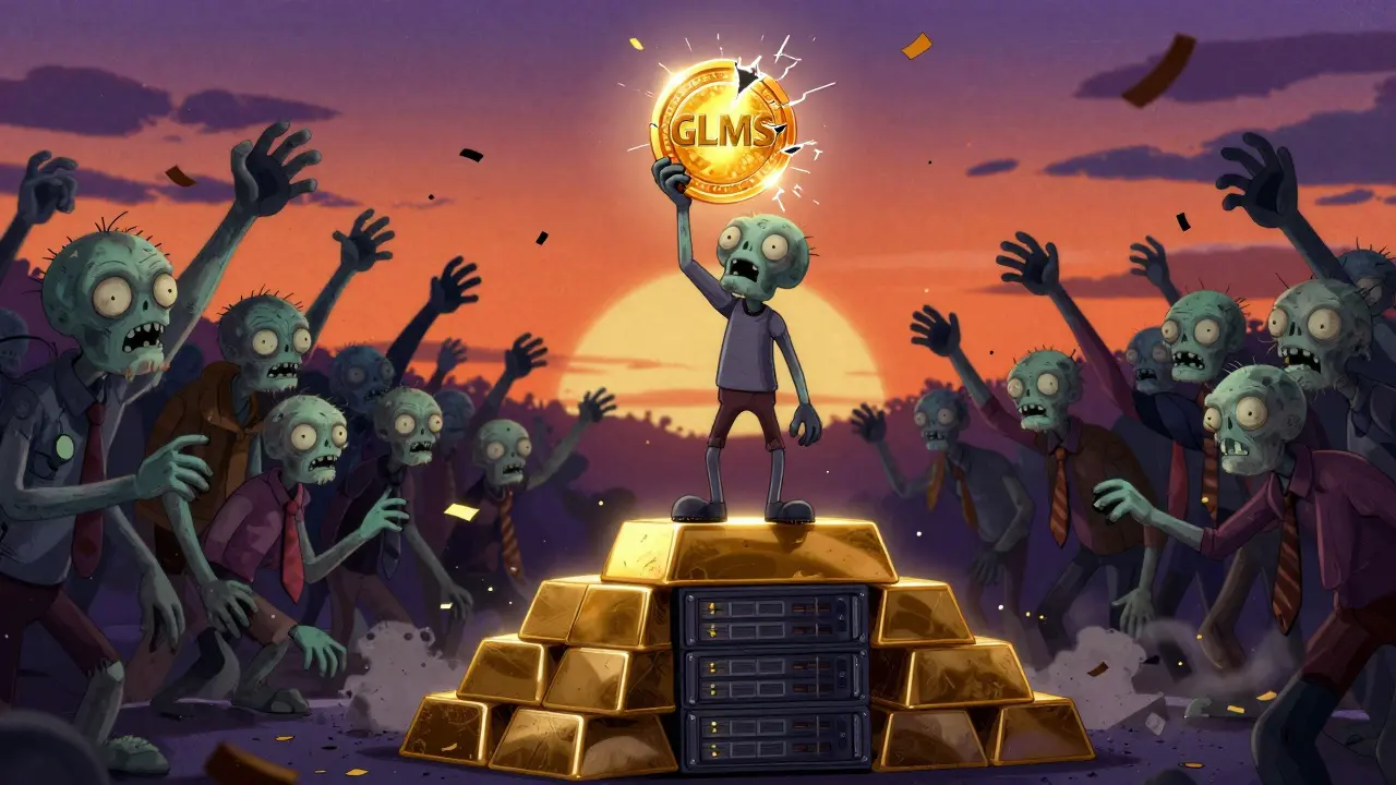 Investor holding volatile token while crowd reaches out in chaotic frenzy.