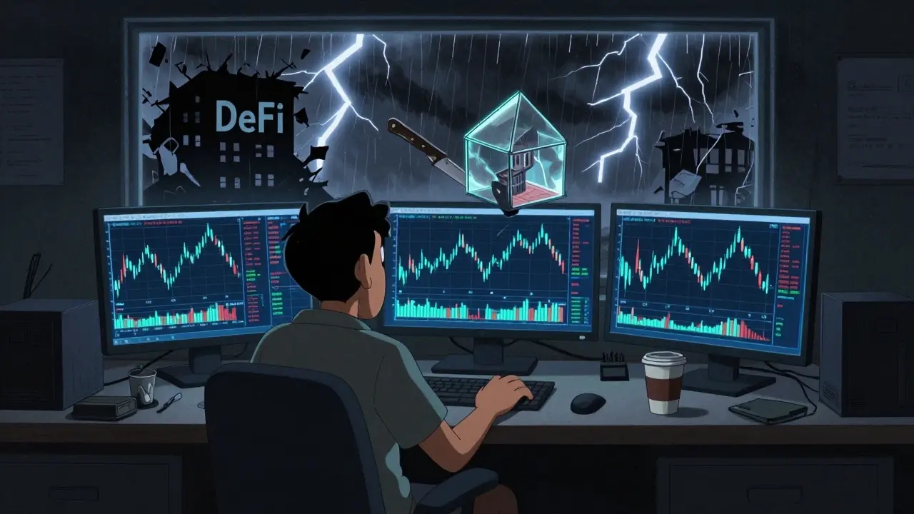 Lone trader watching volatile charts under stormy skies, symbolizing high-risk speculation.