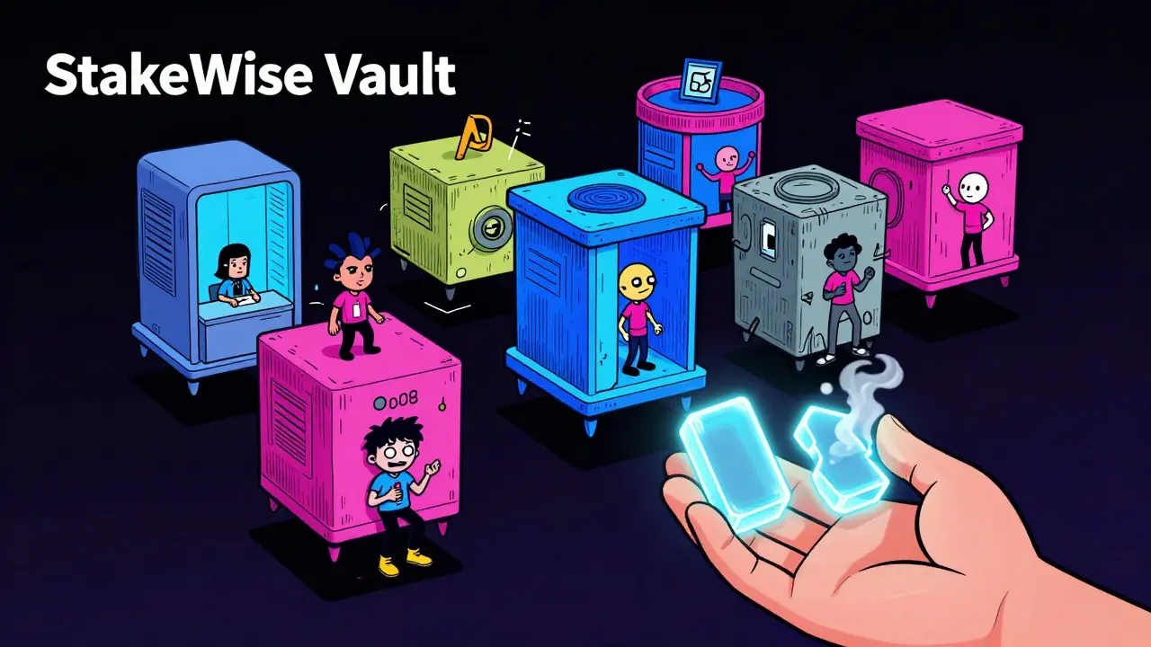 Modular vaults with users holding split tokens showing principal and rewards.