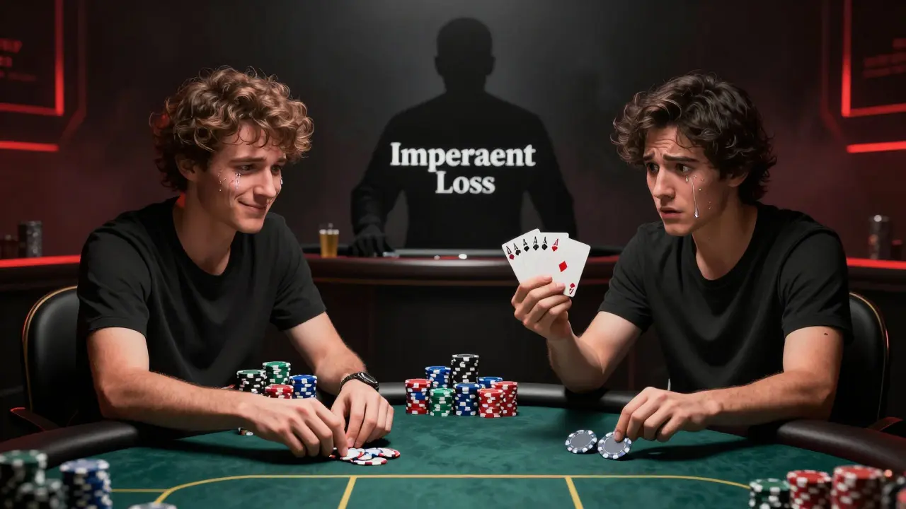 Poker scene showing expert trader vs nervous beginner facing risk