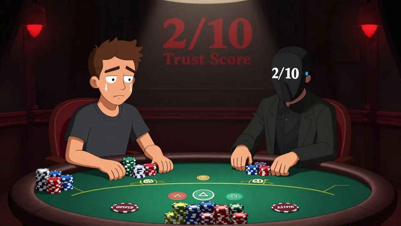 Poker table with altcoin chips and masked dealer showing low trust score