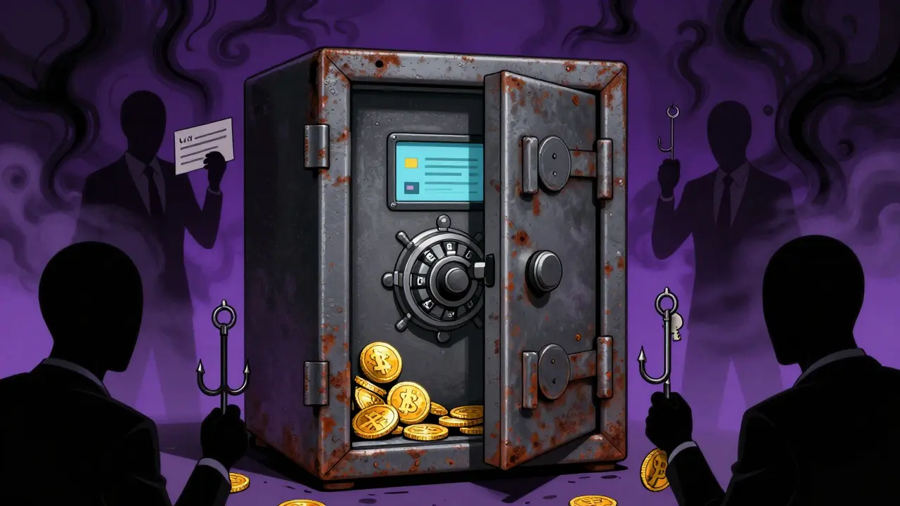 Secure digital wallet surrounded by shadowy figures attempting phishing attacks.