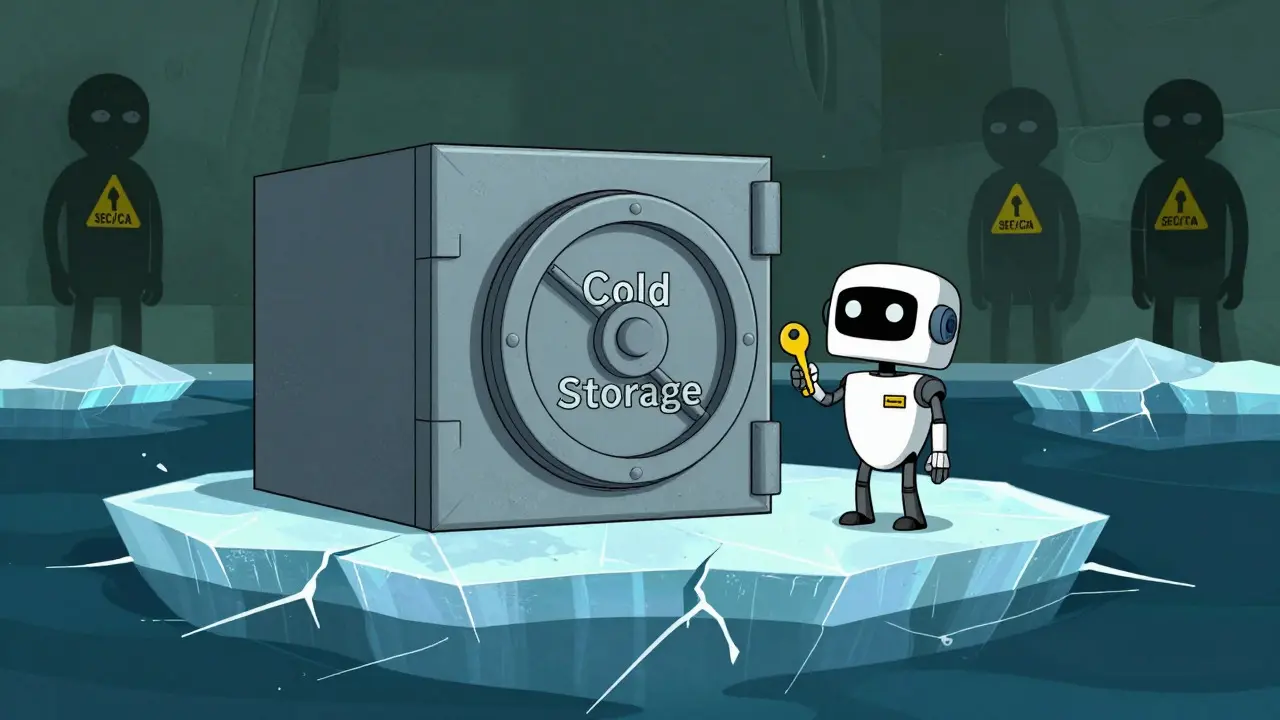 Security vault on cracking ice with skeptical regulators in background