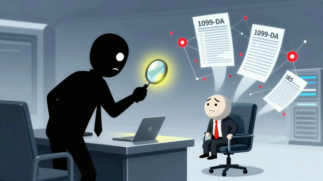 Shadowy IRS auditor examining anxious investor with glowing magnifying glass