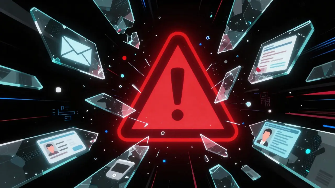 Shattered data fragments floating in a digital void