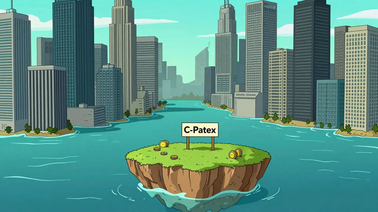 Small isolated island with few coins vs giant skyscrapers representing major crypto exchanges