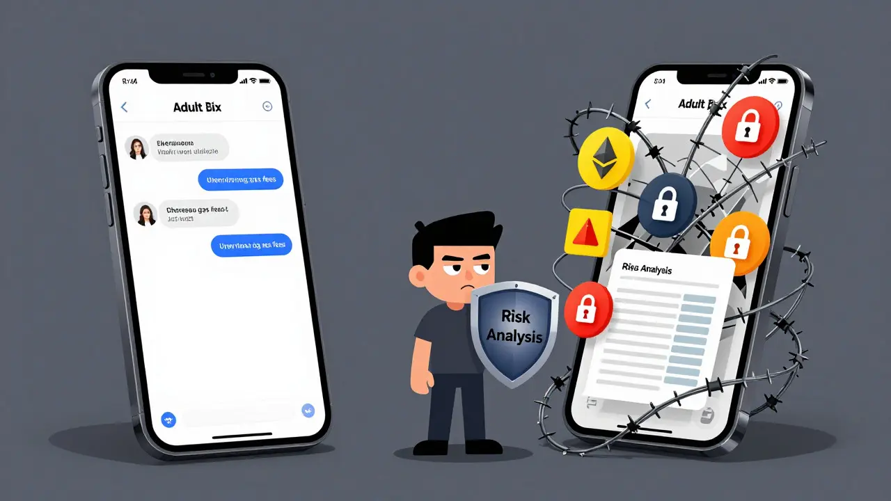 Split image contrasting smooth app interface with tangled crypto risks.