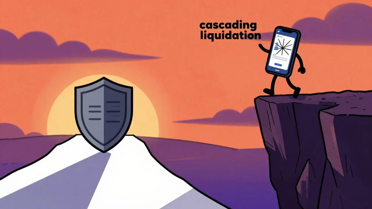 Split scene showing safe crypto storage vs risky liquidation cliff in adult swim style.