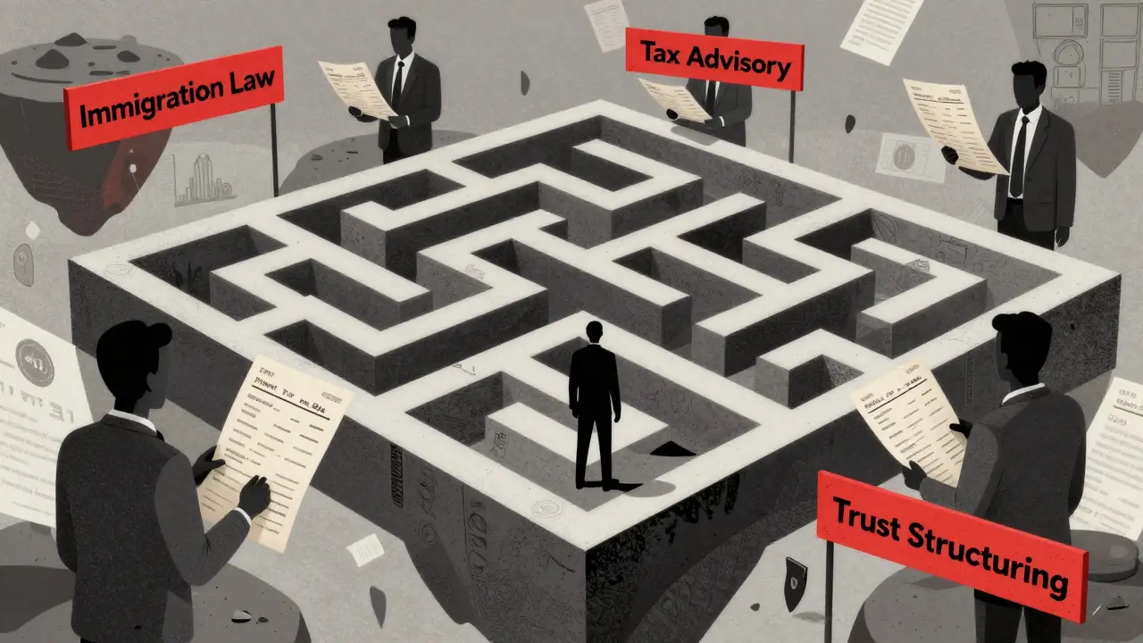 Surreal maze of bureaucratic islands representing costly relocation services.