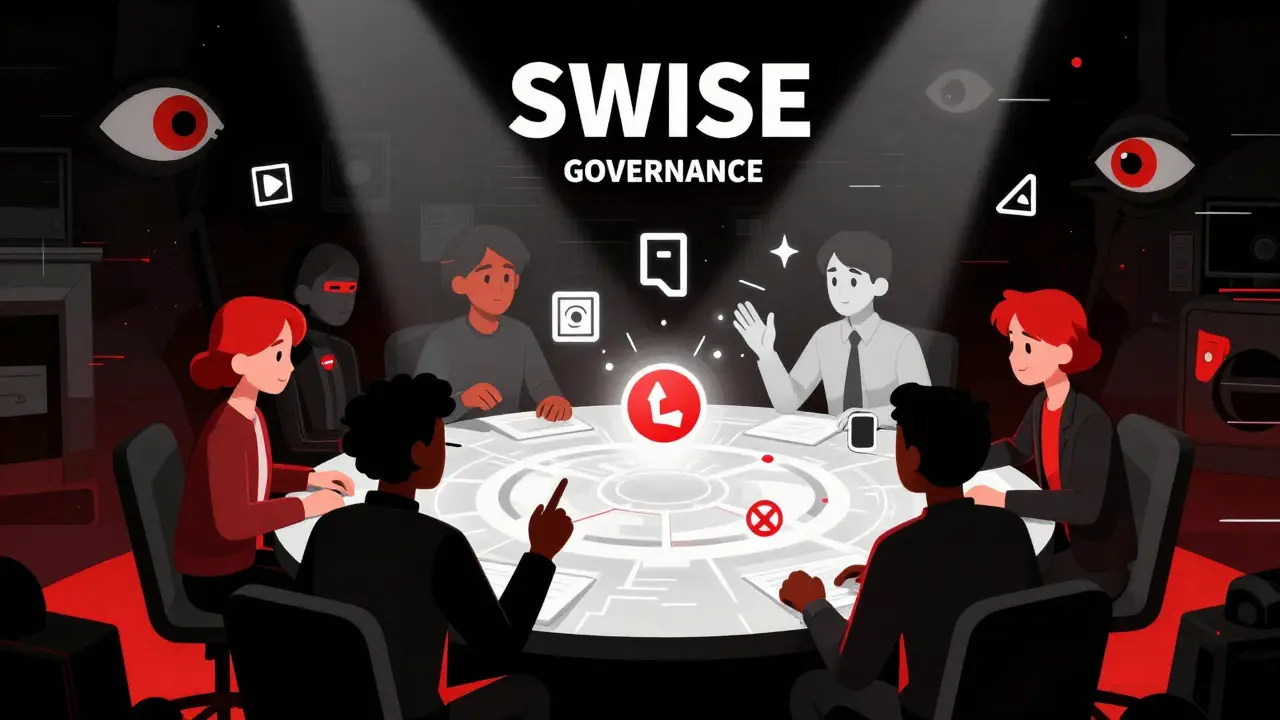 Surreal scene of avatars voting in a decentralized autonomous organization.