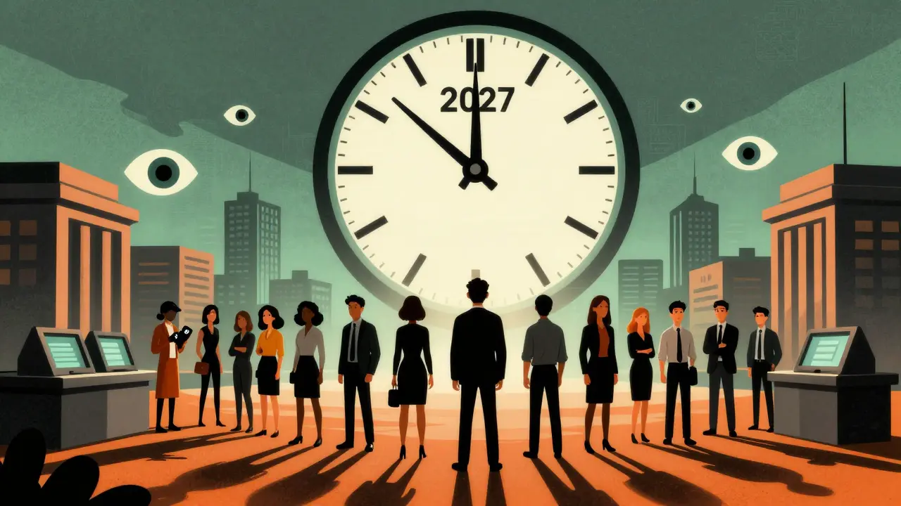 Surreal scene of regulatory clock looming over crypto users