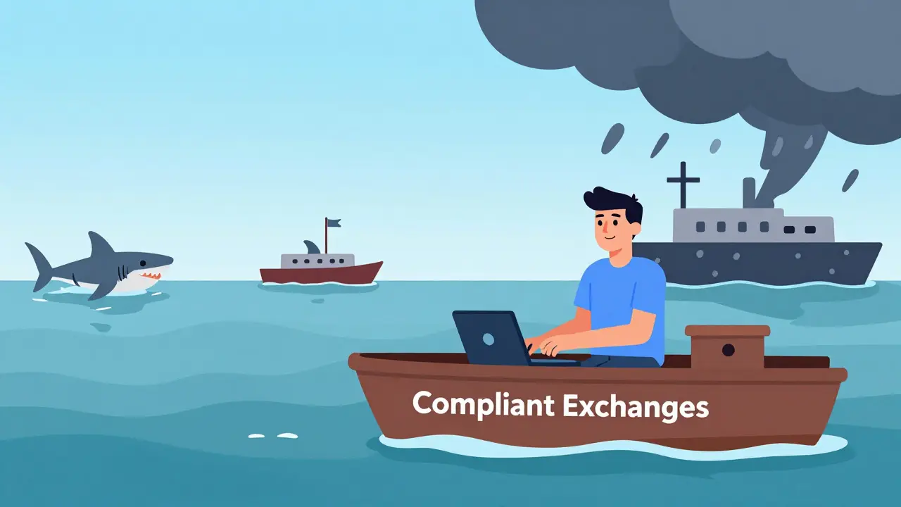 Trader sails safely on compliant exchange boat while others sink in storm.