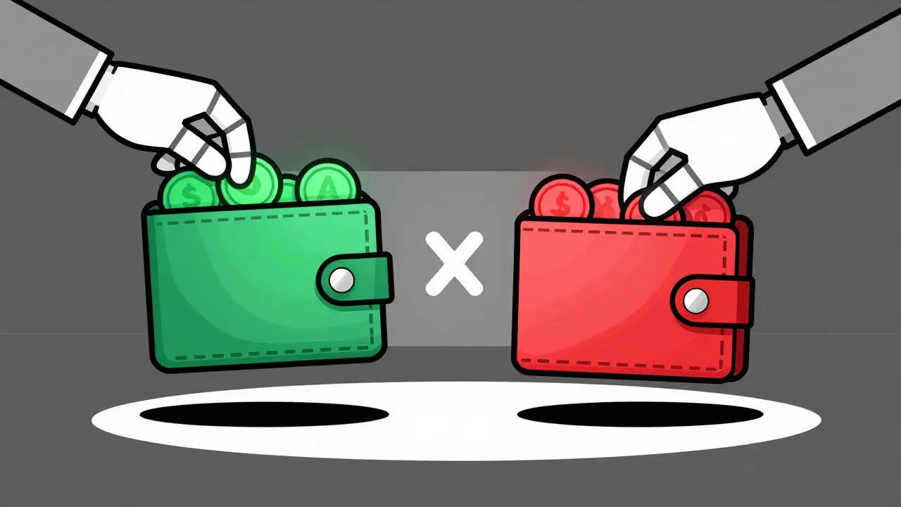 Two separate digital wallets with different colored coins being kept apart by force field