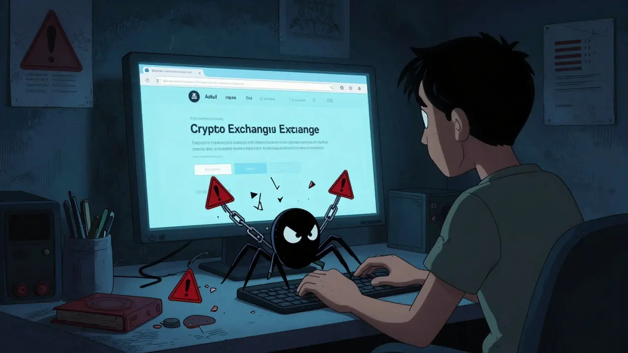 User staring at a phishing site while a monster emerges from their keyboard