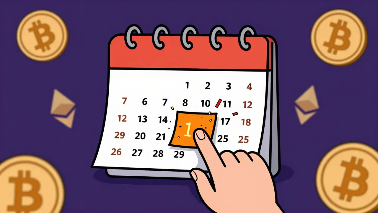 A hand turns a highlighted page on a cartoon calendar, releasing confetti, surrounded by blurry crypto icons.