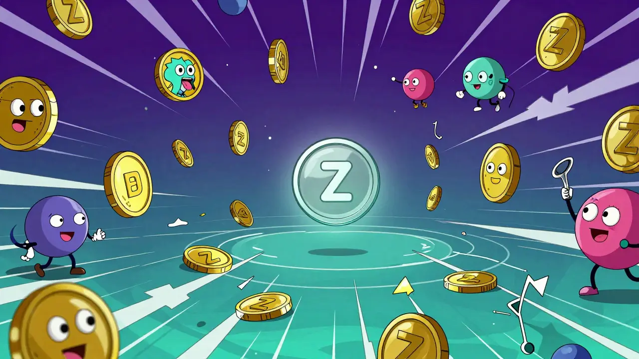 A lonely Z coin floating in a crowded digital space among other active crypto assets