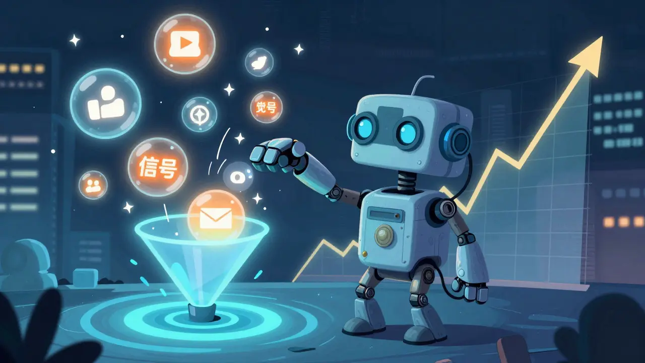 A robotic character scanning social media bubbles for trading signals in a neon-lit Adult Swim illustration.