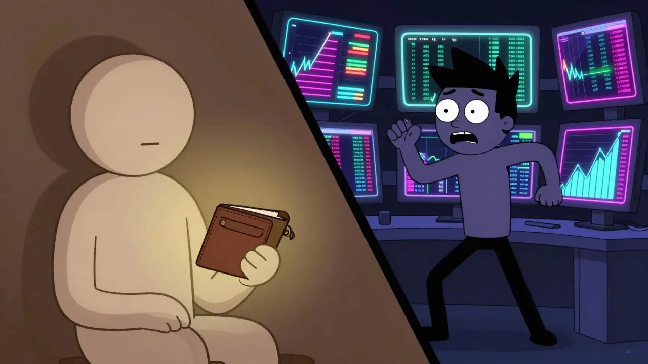 A split scene comparing passive crypto holding with active data-driven trading in Adult Swim cartoon style.