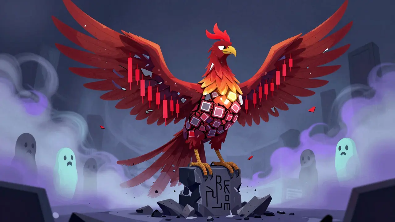 A weary blockchain phoenix rising from broken financial charts.