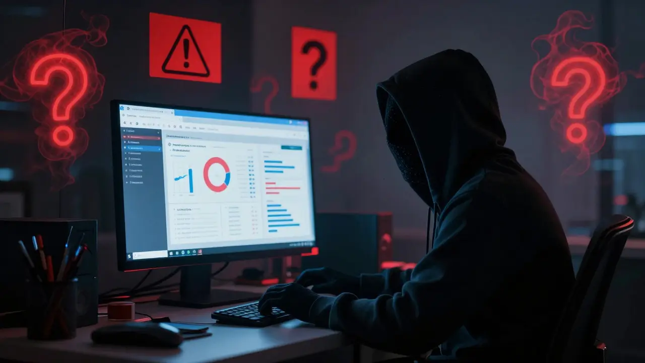 Anonymous hooded figure analyzing crypto data surrounded by red warning signs.