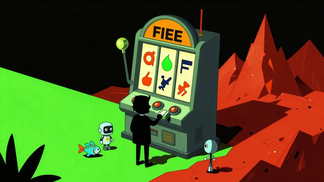 Cartoon character operating a slot machine representing variable bridge fees