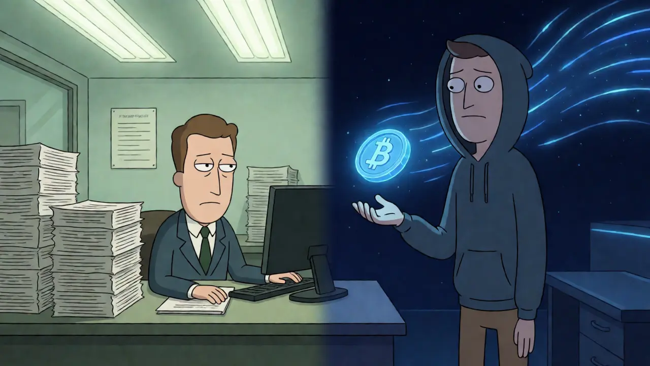 Cartoon contrast between traditional finance bureaucracy and decentralized crypto access.