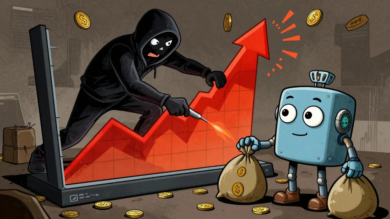 Cartoon illustration of a hacker skewing a price chart to trick a naive robot protocol.