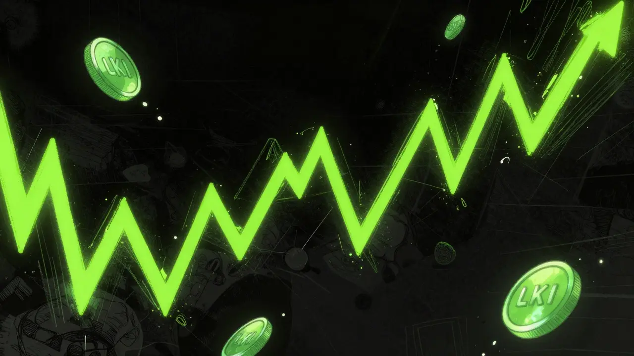 Chaotic neon green crypto charts crashing with dissolving LKI tokens.